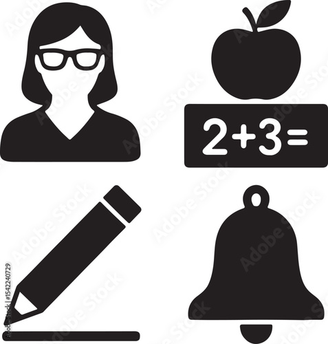 Online education icon set. Containing teacher avatar, school blackboard, apple, and textbook symbols. E-learning and digital education icons. Solid icon collection.