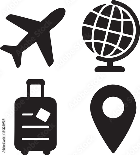 Travel and navigation icon set. Containing suitcase, airplane, globe, and location map symbols. Tourism, vacation, and global mobility silhouettes. Solid icon collection.