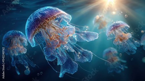 Underwater scene of glowing jellyfish floating in sunlit blue ocean perfect for marine biology visuals, aquatic design concepts and educational underwater themes photo