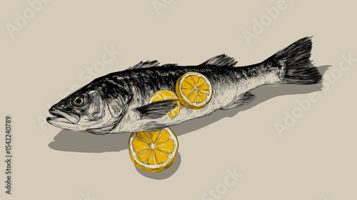 Whole raw fish with lemon slices on beige background in sketch style Nutrition and diets