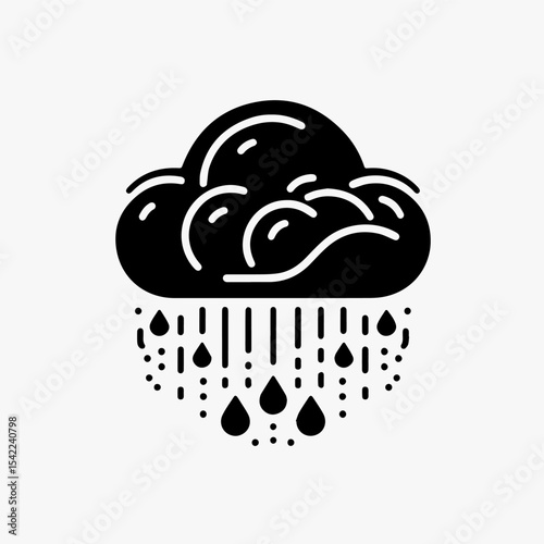 A stylized black and white illustration of a rain cloud with falling raindrops.