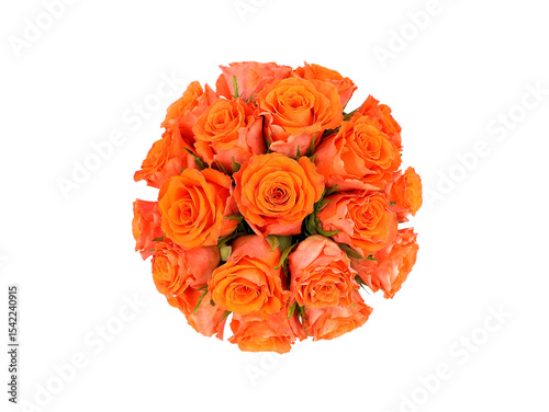 Bouquet of orange roses isolated on white background in top view. Greeting card.