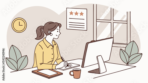 Woman at desk working on tablet with stylus near computer monitor and coffee cup in cozy office setting