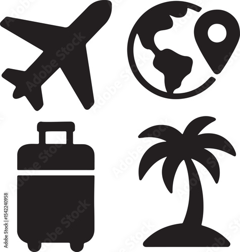 Travel and navigation icon set. Containing suitcase, airplane, globe, and location map symbols. Tourism, vacation, and global mobility silhouettes. Solid icon collection.