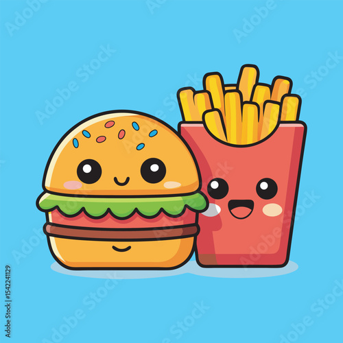 A smiling hamburger and winking fries vector art illustration