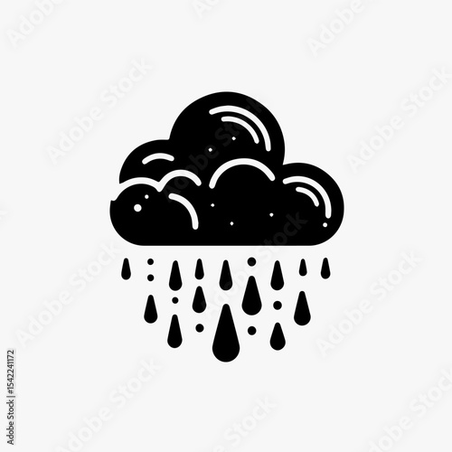 Stylized black cloud icon with rain droplets falling below.