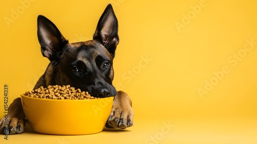 Dog Laying Head on Bowl of Food with Yellow Background