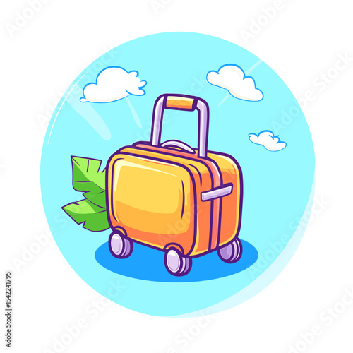Cartoon Suitcase with Clouds and Tropical Leaves, Ready for Travel.