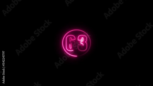 4k, video, Abstract glowing neon text 63 number countdown icon. Glowing sign on black background Neon number. Glowing blue neon countdown timer number animation 4k. neon countdown timer color 4k