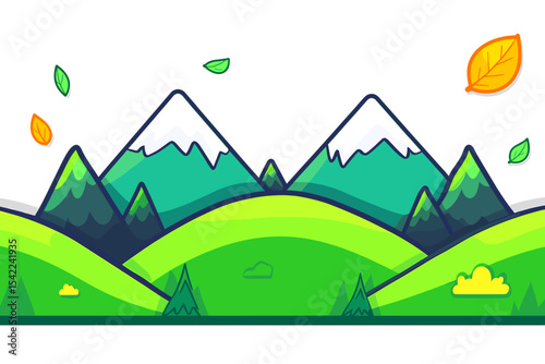 Vibrant Cartoon Landscape with Snowy Peaks and Falling Leaves