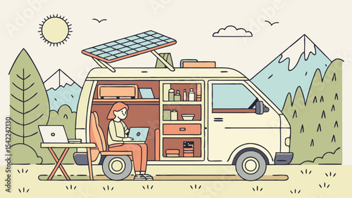 Illustration of a woman working on a laptop inside a van with solar panels parked in a mountainous landscape