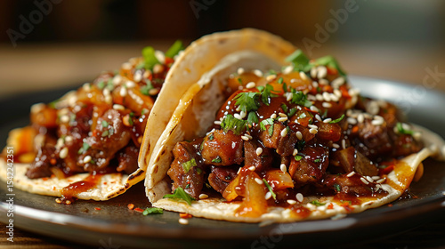 A fusion dish of Korean BBQ tacos plated with precision, gochujang drizzle, and sesame garnish in a trendy urban eatery.