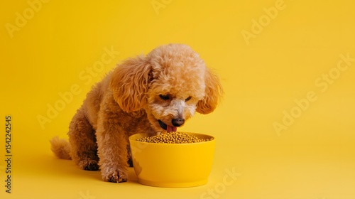 Playful Dog Enjoying Food from Bright Yellow Bowl on Yellow Background