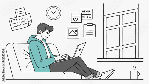 Illustration of a man on a couch using a laptop with a window and wall decor in the background