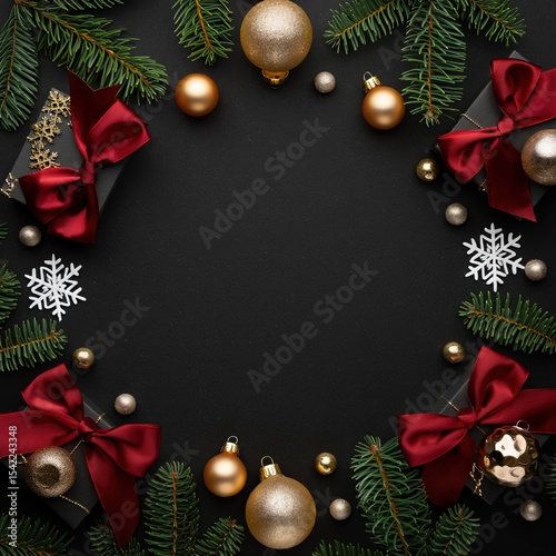 Composición festiva de flat lay con un borde de decoración navideña de lazos rojos y bolas color oro, incluyendo regalos y copos de nieve. Con espacio para texto