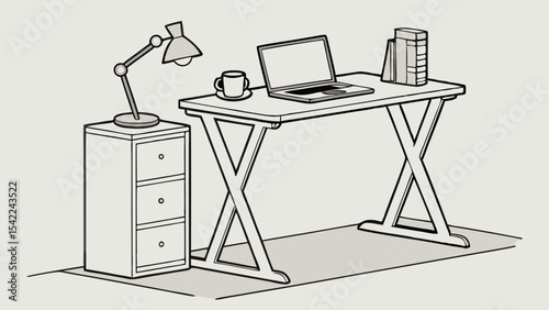 Illustration of a desk with a laptop, lamp, books, and a filing cabinet in a simple style setup