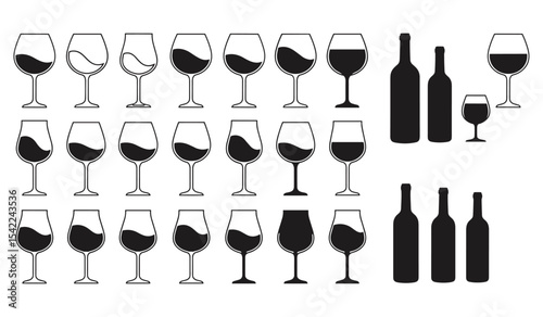 Detailed Wine Glasses and Bottles Silhouettes A Comprehensive Collection of Beverage Icons in Various Fill Levels, Ideal for Bar, Restaurant, and Celebration Themes
