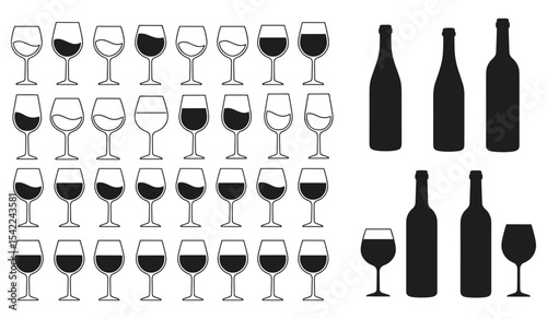 A Comprehensive Collection of Beverage Icons in Various Fill Levels, Ideal for Bar, Restaurant, and Celebration Themes
