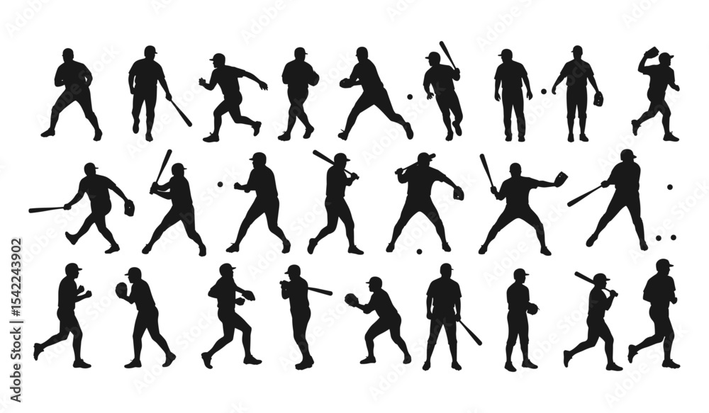 Naklejka premium A Diverse Collection of Athletes in Various Action Poses, Featuring Batting, Pitching, Catching, and Running on the Field