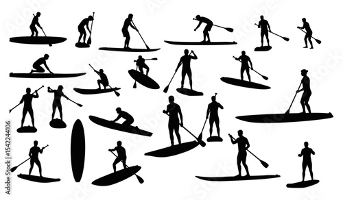 A Diverse Collection of People on Paddleboards in Various Poses, Engaging in Water Sports and Recreation