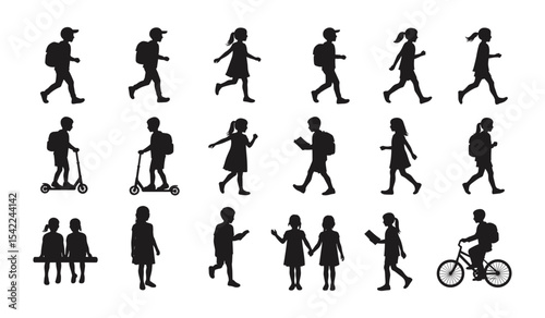 A Collection of Kids Engaged in Various Activities like Walking, Cycling, Scooting, Reading, and Sitting, Representing Education and Growth