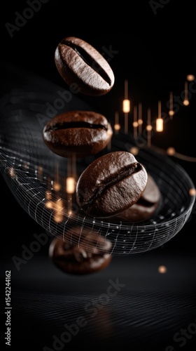 Coffee beans levitating in a dark, abstract dish