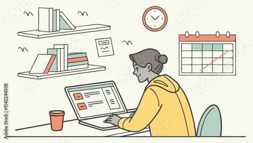 Woman working on a laptop at a desk with books on shelves a clock and a calendar on the wall at home