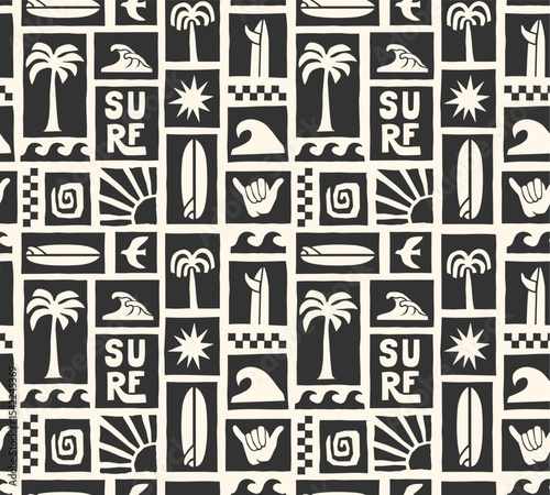 Retro surf seamless pattern. Bold graphic elements: palm trees, waves, sun, surfboards, shaka hand. Surfing background.