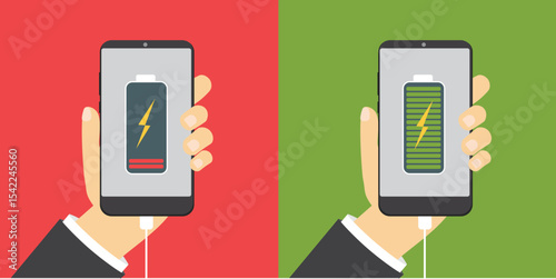 battery charging status in smartphone, low and full battery