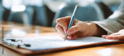 The professional hand signing a document in a modern office setting.