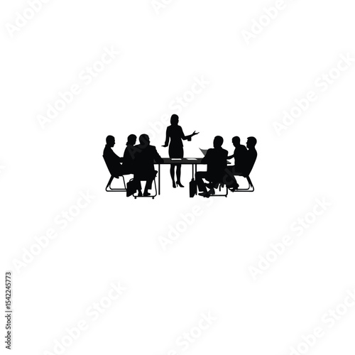 A leader motivating a team in a meeting room on white background