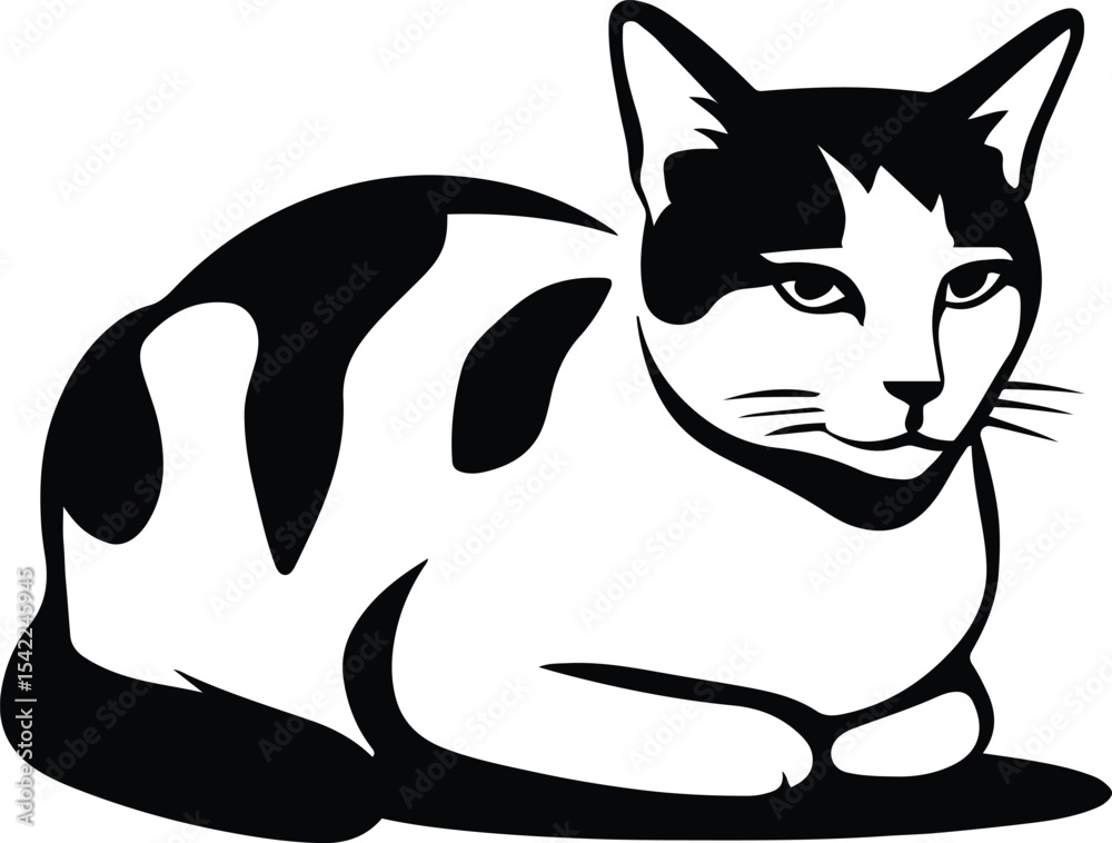 Obraz premium Resting cat stylized illustration black and white, Sleeping cat minimalist pet drawing