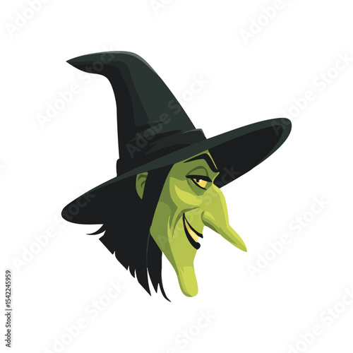 Wicked old witch face on white background, cartoon witch