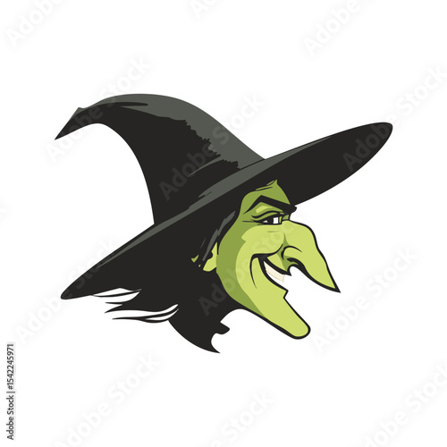 Wicked old witch face on white background, cartoon witch