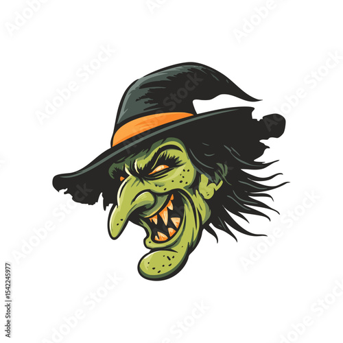 Wicked old witch face on white background, cartoon witch