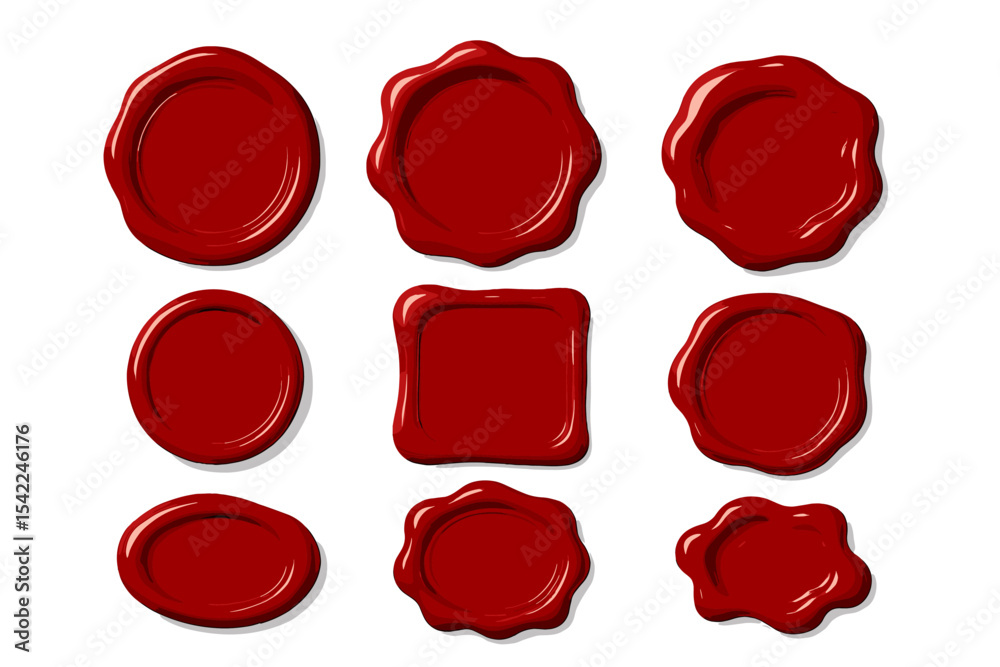 Various shapes of red wax seals displayed on a white background for decorative use in crafting projects