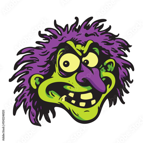 Wicked old witch face on white background, cartoon witch