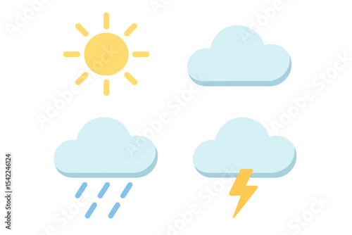 Different weather conditions illustrated through simple icons showing sun, clouds, rain, and lightning in a bright and colorful style