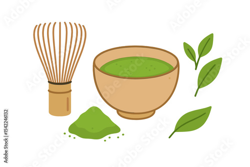 Preparing matcha tea with traditional utensils and fresh green leaves in a simple layout