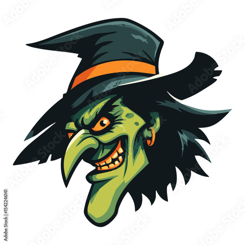 Wicked old witch face on white background, cartoon witch