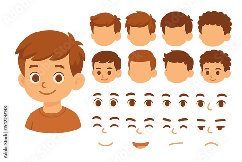 Cartoon boy character design with various hairstyles and facial expressions for animation