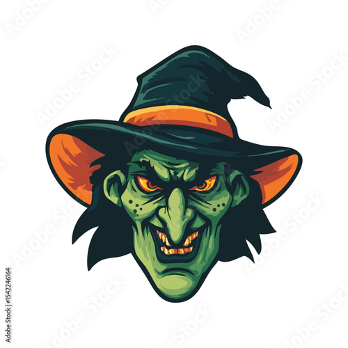 Wicked old witch face on white background, cartoon witch