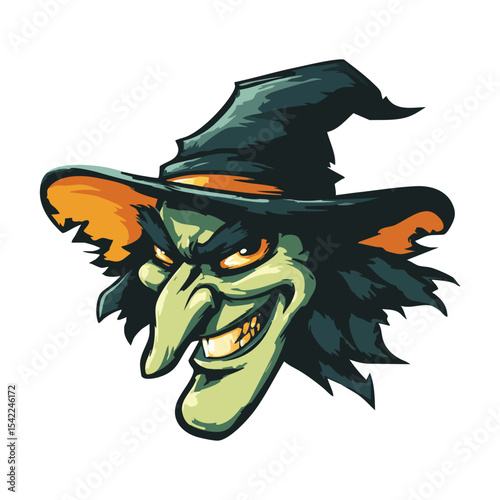 Wicked old witch face on white background, cartoon witch