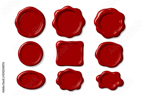 Various shapes of red wax seals displayed on a white background for decorative use in crafting projects