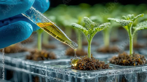 Close-up of a gloved hand using a pipette to apply yellow liquid to young green seedlings growing in a transparent tray filled with moss