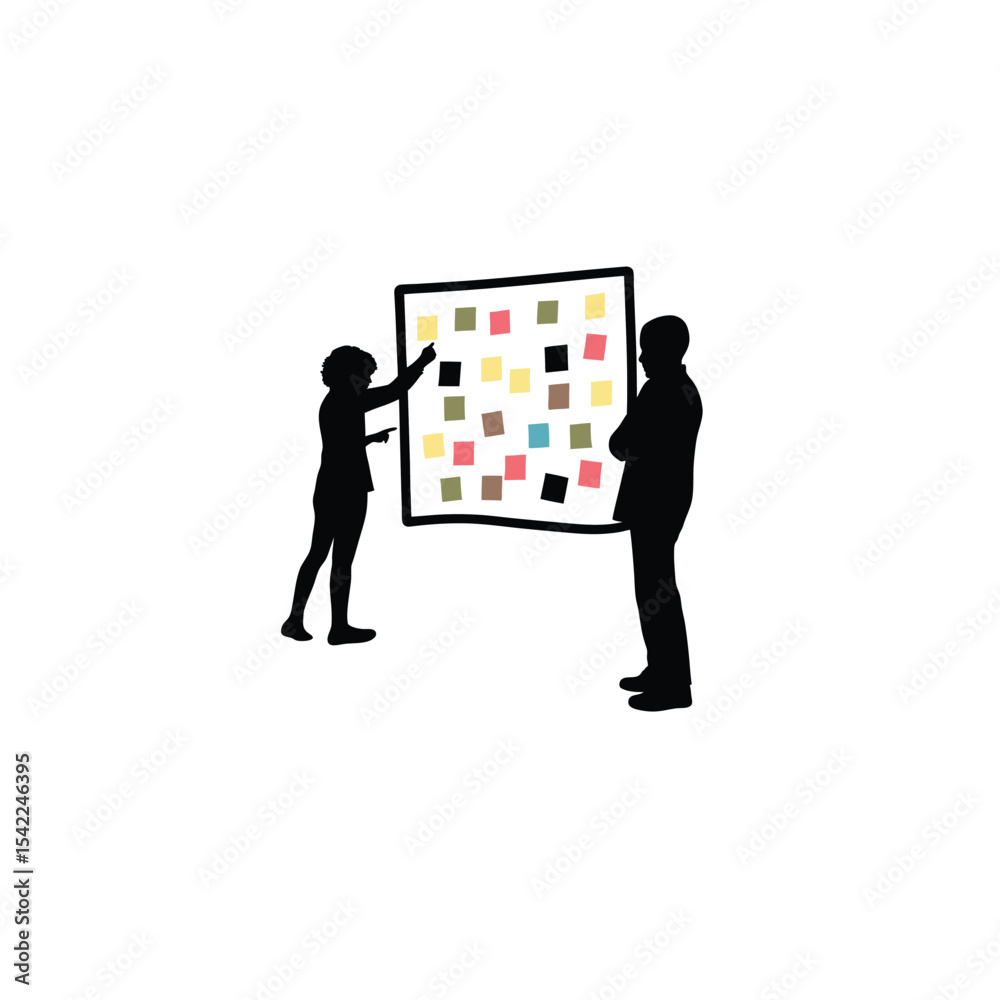 Fototapeta premium A person brainstorming with sticky notes on a wall on white background