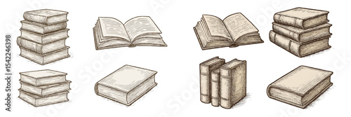 Vintage sketch of various book types including stacked volumes and open books displayed on a blank background