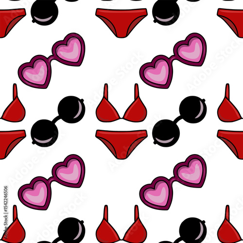 Seamless vector pattern featuring red bikini bottoms and tops, heart-shaped sunglasses, and round sunglasses, creating a playful and vibrant summer design.