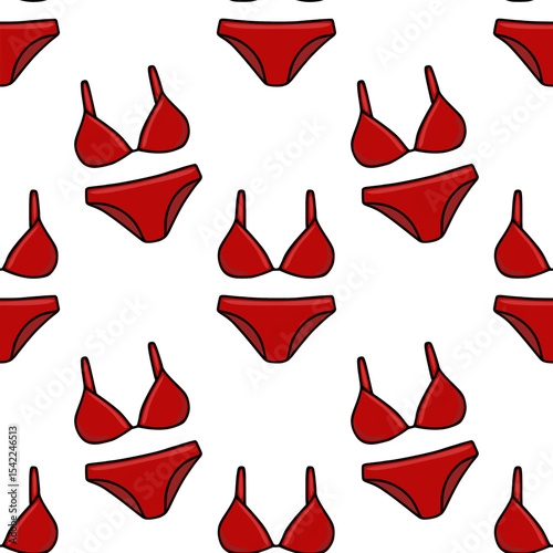 Seamless vector pattern of red bikini sets, featuring a vibrant crimson hue and simple, bold outlines, ideal for summer fashion or beach-themed designs.