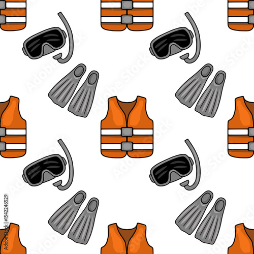 Seamless vector pattern of diving equipment: orange life vest, gray flippers, and diving mask with snorkel, creating a playful and summery underwater adventure vibe.
